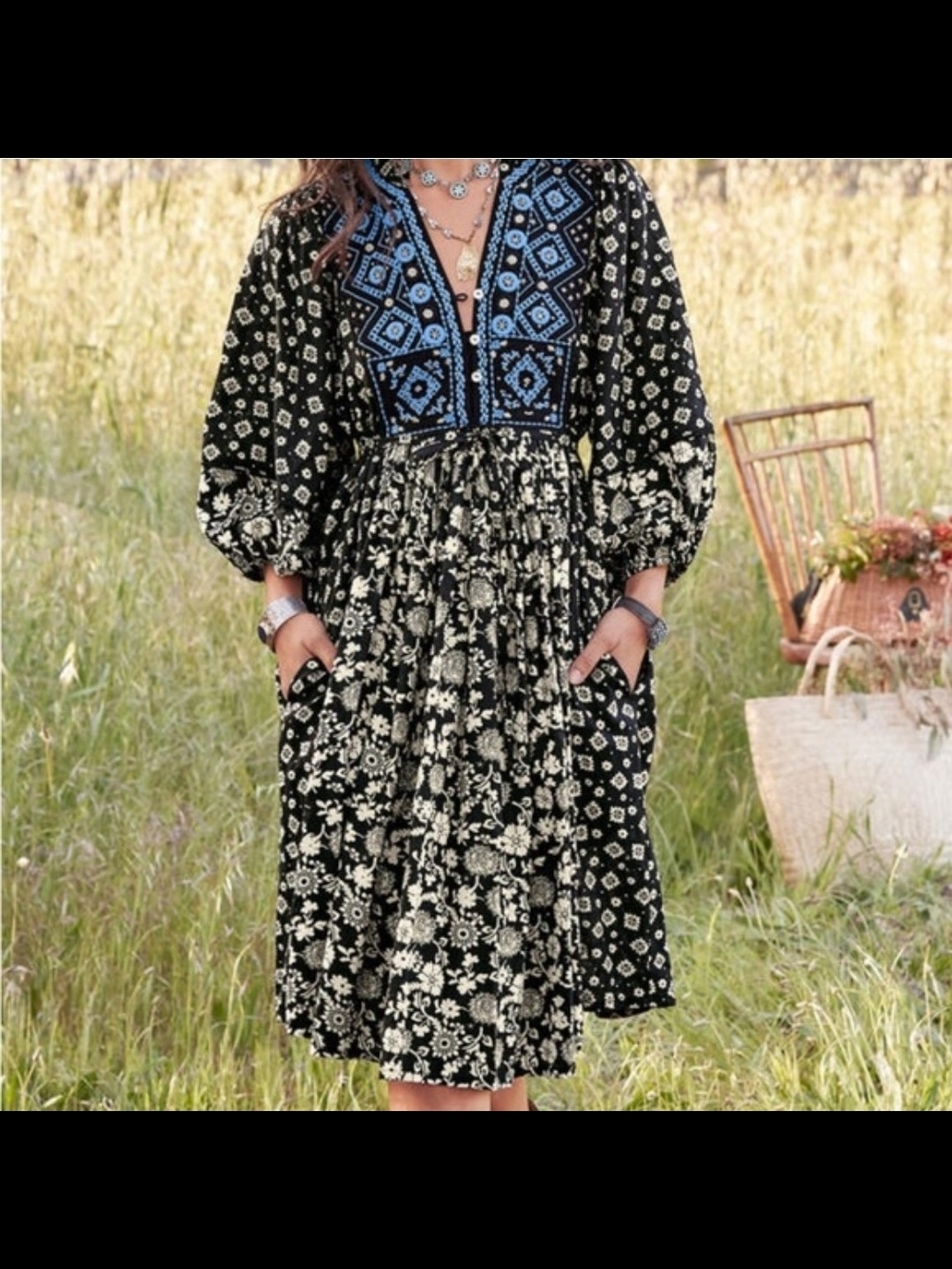 Sundance Livie Embroidered Black Blue Peasant Boho Dress size M